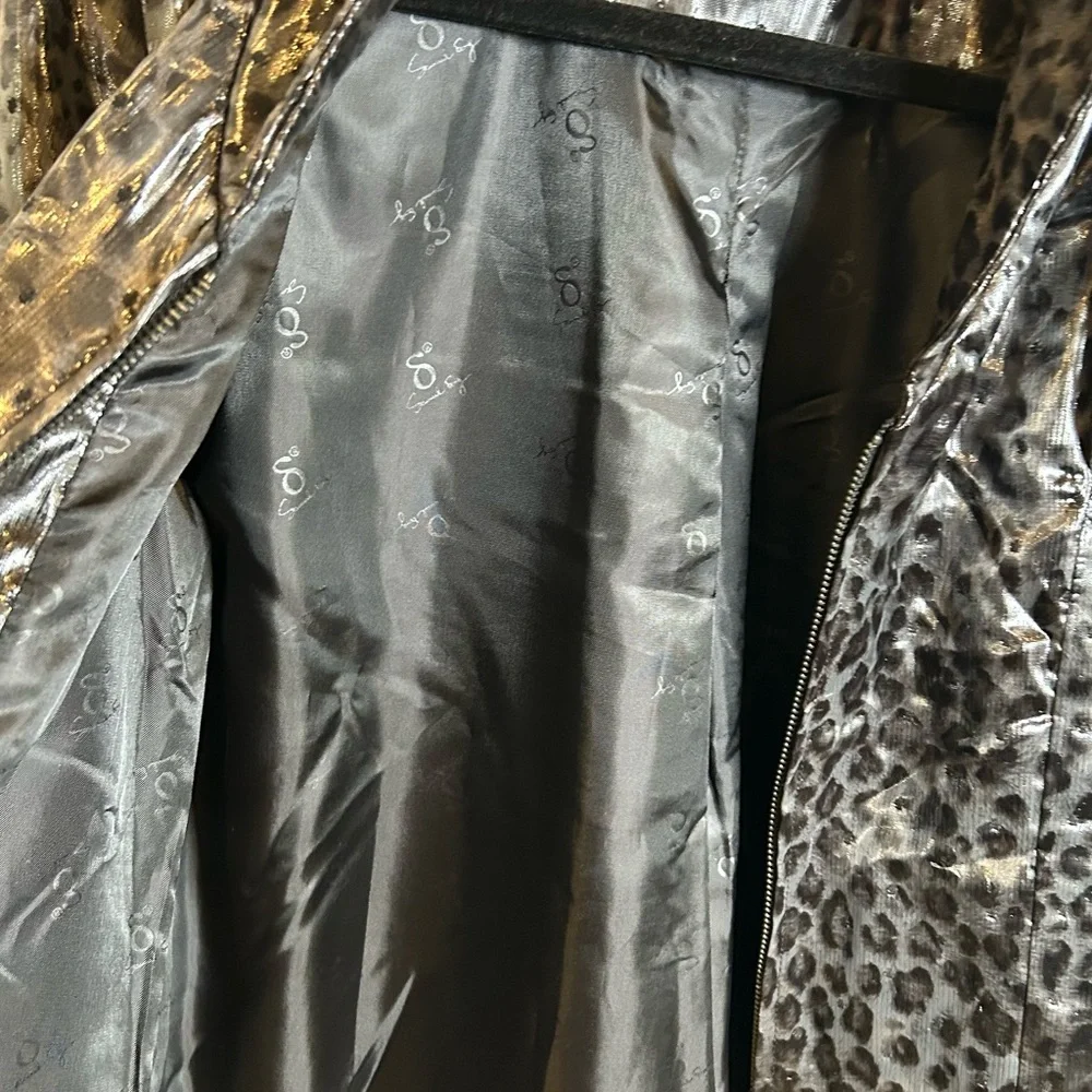 Samuel Dong Grey Black shiny leopard-print trench coat/dress‎ Women’s Size Large